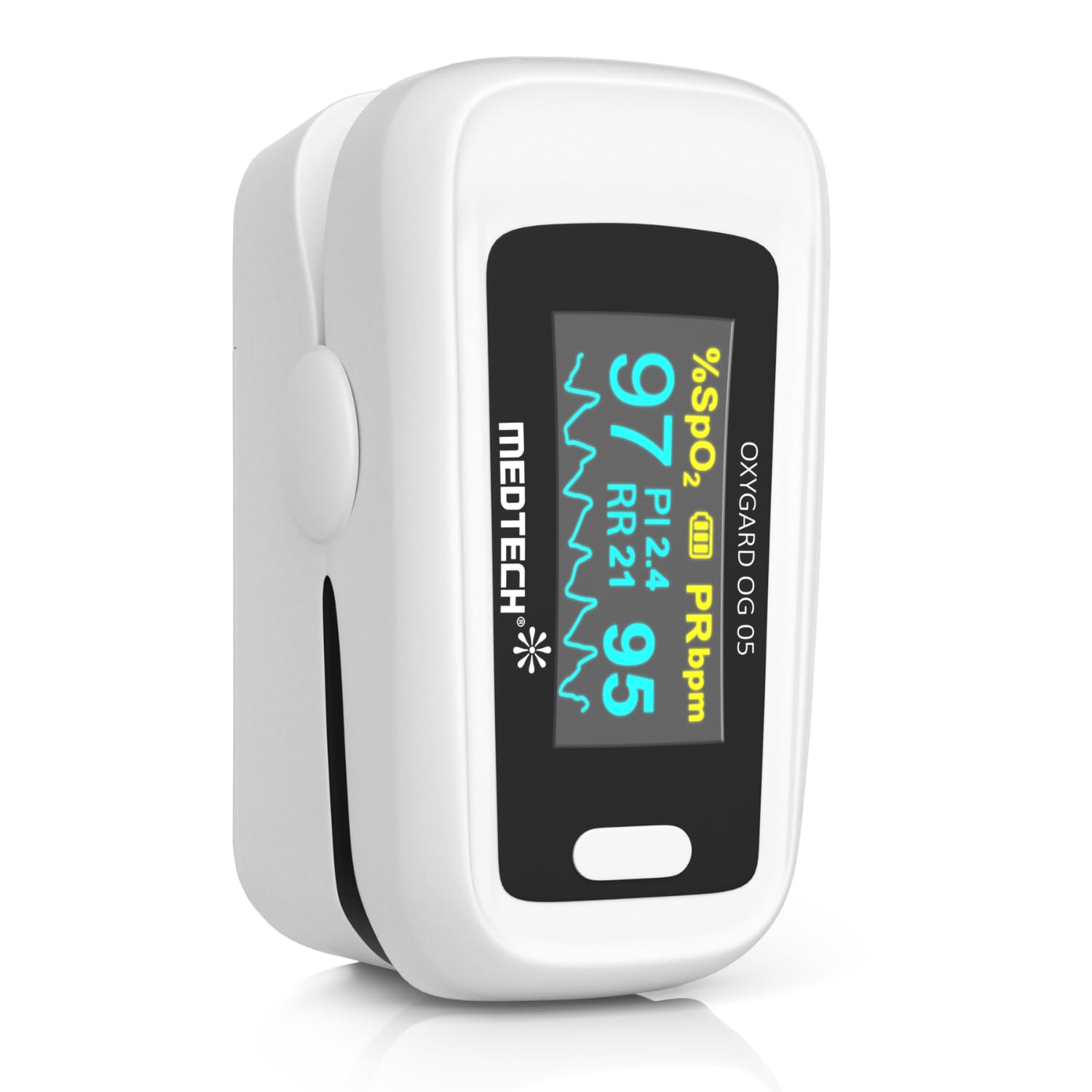 Medtech OG05 - Fingertip Pulse Oximeter | Blood Oxygen Saturation and Heart Rate Monitor | SpO2 Oxygen Meter | Finger Pulse oximeter | OLED Display | High Accuracy | 12 months Warranty | 4 Parameters - Perfusion Index, Respiratory Rate, Oxygen Level and Pulse Rate