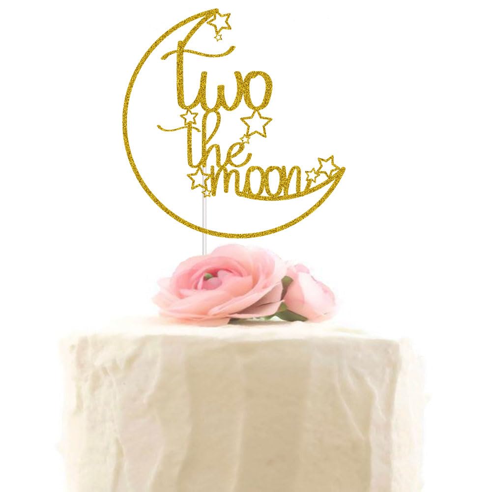 Two The Moon Cake Topper - Baby Shower / 2nd Birthday Party Decorations Supplies Gold Glitter