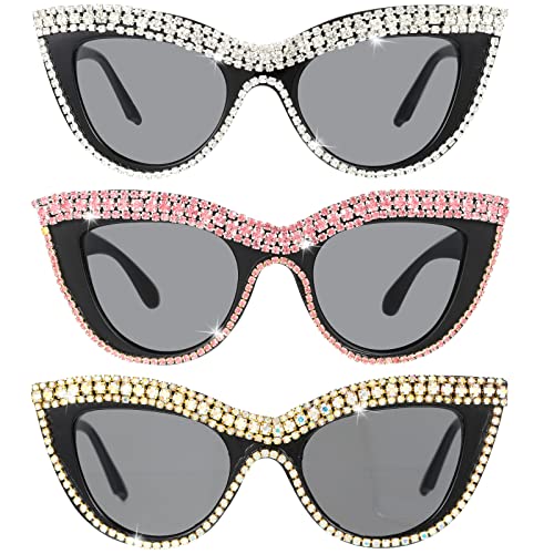 Kanayu 3 Pairs Retro Rhinestone Sunglasses Bling Sunglasses Vintage Frame Eyewear for Women Girls Party, 3 Styles