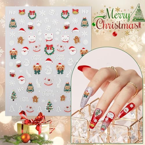 2 Pcs Christmas Nail Stickers for Nail Art 5D Embossed Christmas Nail Decals, Self-Adhesive Christmas Nail Art Stickers for Women Manicure Decoration, Nail Art Design Decoration Supplies, White - Image 3
