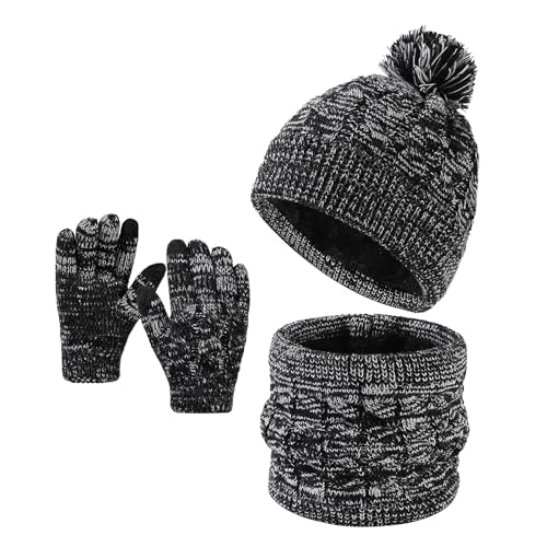 Enwokran Enfant Bonnet Écharpe et Gants Ensemble,Polaire Snood Bonnet Chapeaux avec Pompon Polaire Doublé Chauffe-Cou Écharpe et Gants Écran Tactile pour Fille Garçon 5-12 (Noir)