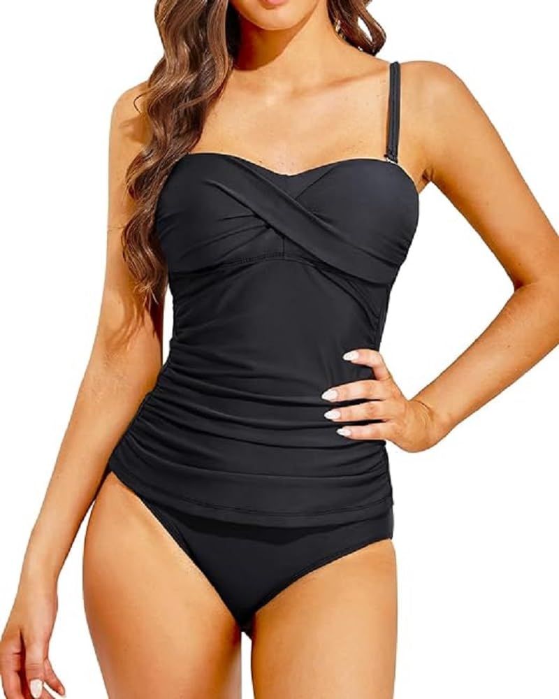 Strapless Tankini Swimsuits for Women Tummy Control Bathing Suits Twist Bandeau Tankini Top with Bikini Bottoms