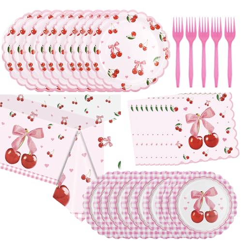 Cherry Party Plates and Napkins Supplies | 25 7inch Dessert Plates | 25 9inch Disposable Plates | 25 Napkins | 25 Forks | 1 Tablecloth for Birthday, Baby Shower,Summer Fruit 1st