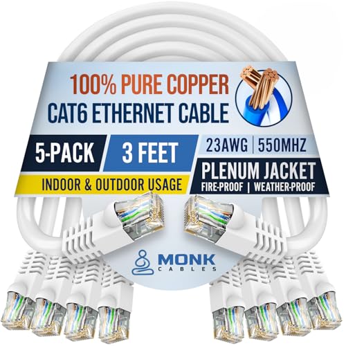 MONK CABLES Cable Ethernet Cat6 UTP 3ft Pack x5 Blanco miniatura 1