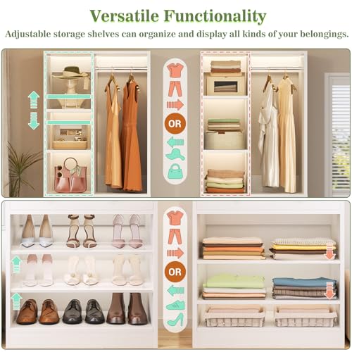 Closet System, 4.2–8.8 FT Closet Organizer with 2 Wooden Drawers and Shelves, Walk-in Closet System with 5 Hang Rods, Built-in Reach in Closet Tower, Can Fit 60 to 96 inch, White - Image 6