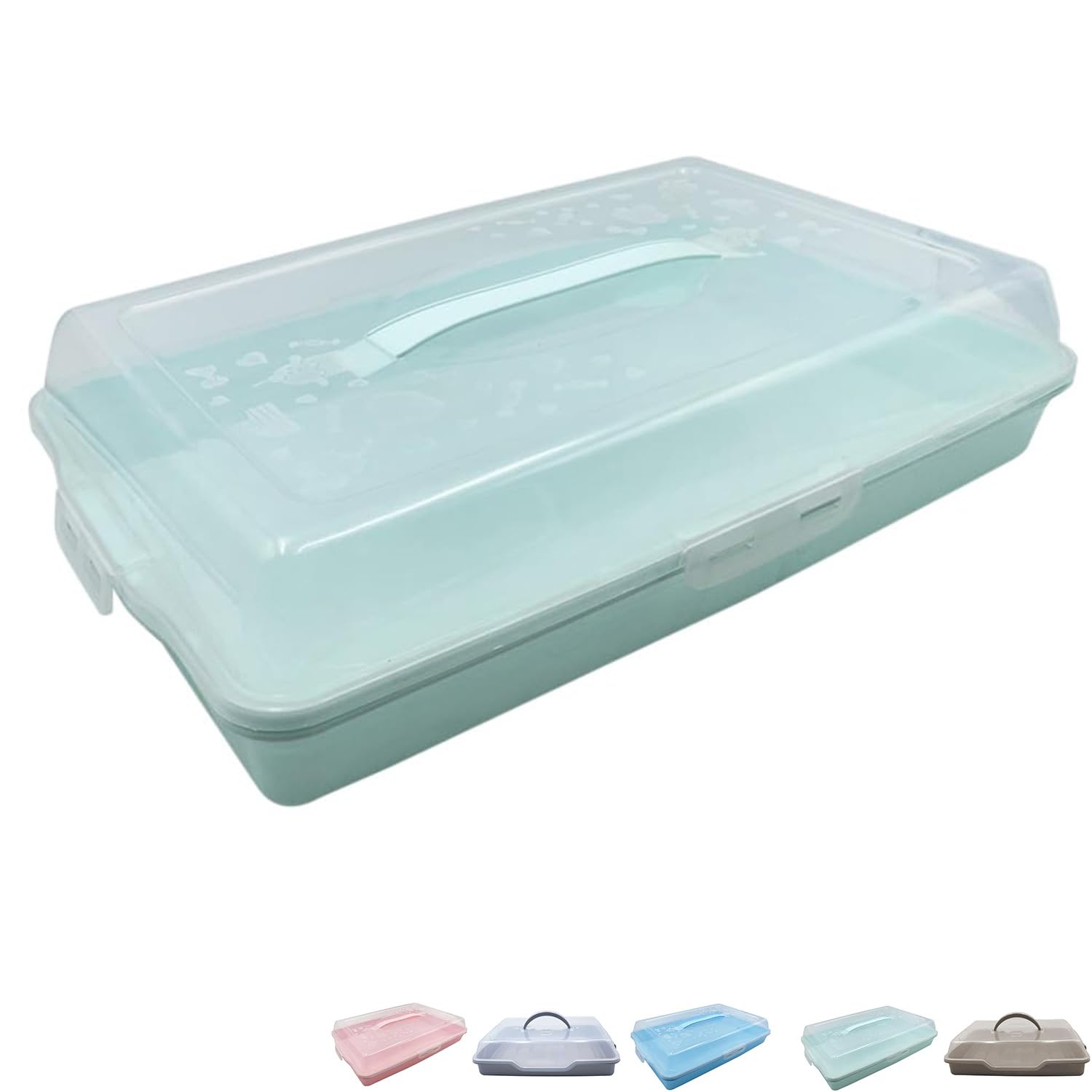 VIRSUS Porta Torte RETTANGOLARE in plastica, misura 43x30x10 cm, Contenitore con coperchio trasparente, portatorte 4 chiusure di sicurezza, per la conservazione di dolci e torte -6778F (Verde Acqua)
