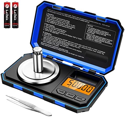 KeeKit Digital Pocket Scale, 50g 0.001g Professional Milligram Scale, Portable Jewelry Scale with 50g Calibration Weight, Tare & LCD Backlit Display (Battery/Tweezers Included) - Blue
