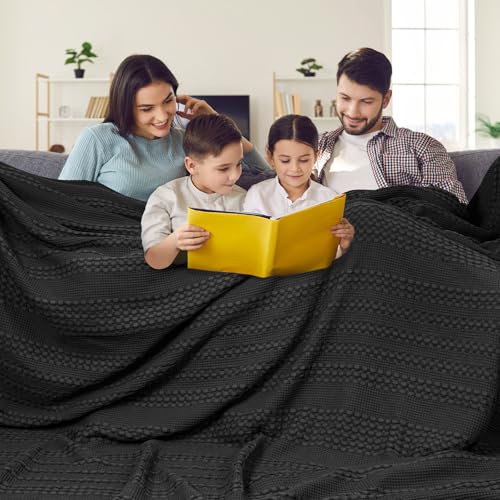 Image of PHF 100% Cotton Waffle Weave Blanket Oversized King for Bed 120 inchx120 inch- Giant Big Lightweight Blanket 10'x10' for Bed Sofa - Aesthetic Extra Large Washed Cotton Soft Blanket - Black