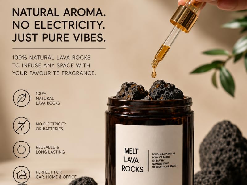 Image of MELT Lava Rock Diffuser for Home | Premium Amber Glass Jar | Aroma Diffuser Stones | Essential Oil Diffuser | Home Fragrance | Air Freshener for Bedroom, Office, Bathroom & Living Room