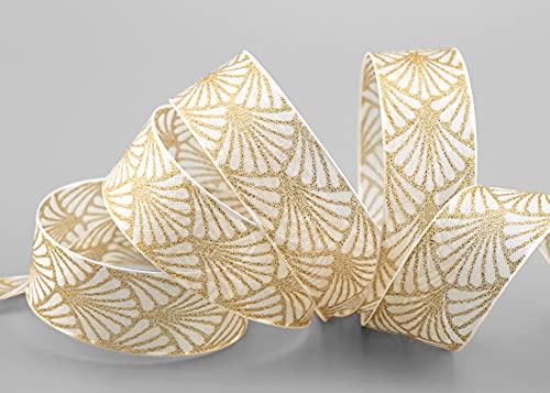 finemark 20 m x 25 mm Art Nouveau Cream Ivory Gold Gift Ribbon Bow Ribbon Decorative Shiny Ribbon Christmas Party Wire Edge Ribbon Decorating Craft Gift Wrapping - Image 3