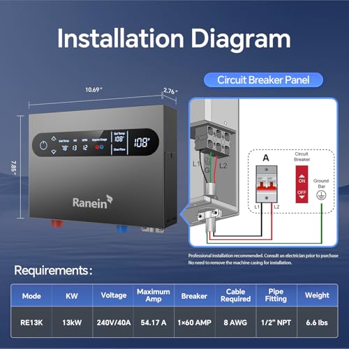 Image of Ranein 13kW Tankless Electric Water Heater, 240V on Demand Instant Endless Water Heater with LED Temperature Display, Up to 3.1 GPM