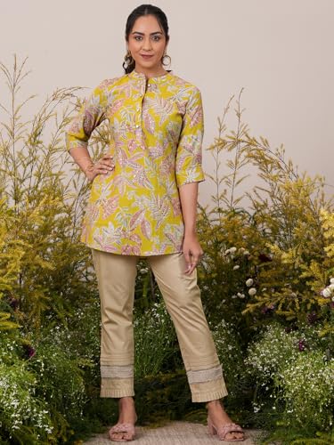 Image of Libas Women Silk Blend Regular Printed A Line Kurtis 37077 Yellow Suit