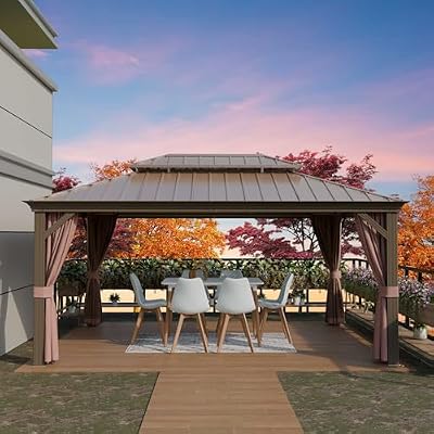 Yardsight 12 x 16 Hardtop Gazebo, Aluminum Wood-Looking Frame Galvanized Steel Double Roof Heavy Duty Permanent Pavilion with Mosquito Netting and Privacy Curtain for Patio, Garden, Lawn.