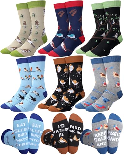 Bonuci 6 Pairs Birds Lover Socks for Men Fun Novelty Casual Crew Dress Socks for Crazy Bird Watcher Nerd Bird Lovers Gifts for Father Dad Birthday
