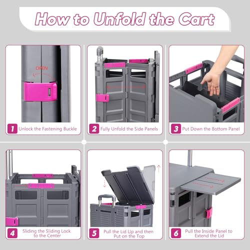 SELORSS BY10WX, Faltbarer Einkaufswagen auf 4 Rädern, 55 l/80 kg, Upgrade-Mobilitätsrollwagen im Flat-Pull-Stil mit verlängertem Deckel, Teleskopgriff, Einkaufswagen für Camping/Lehrer, Grau – Bild 8