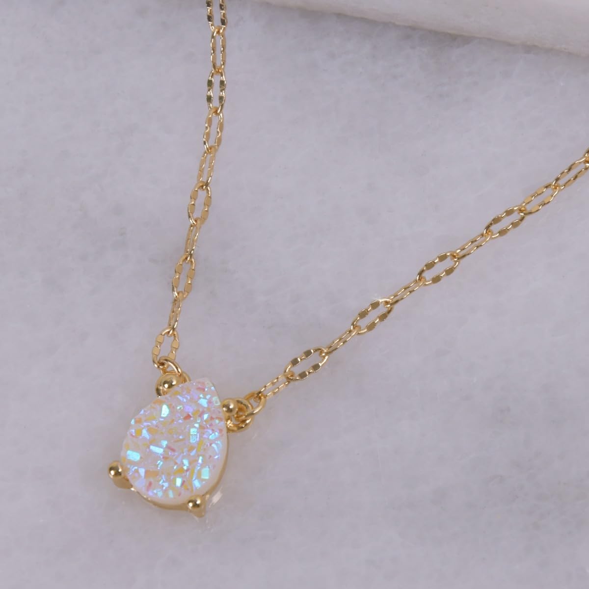 Humble Chic NY Simulated Druzy Teardrop Necklace - Gold or Silver Tone Delicate Boho Chain Necklace with Dainty Tear Drop Druzy Crystal - 16" with 3" Extender - Image 3