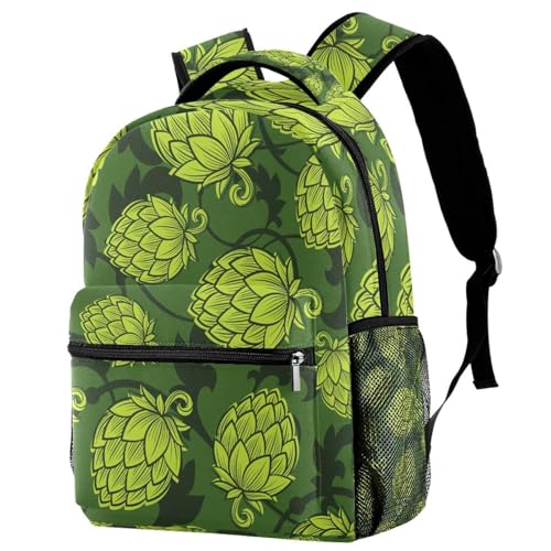Sac à dos d'école vert à motif houblon pour ados et adultes de 40 cm