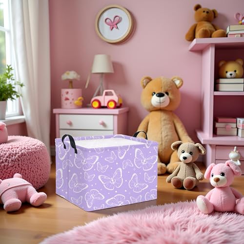 Image of Rectangular Kids Storage Basket Baby Storage Basket with Handles for Home Kitchen Girls Cute Toy Storage Bin Organizer Shelf Book Room Decor(Purple Butterfly)