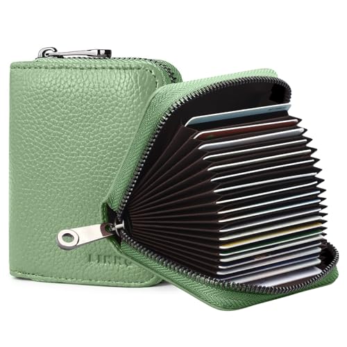 Image of Linno RFID 20 Slots Credit Card Holder Genuine Leather Small Wallet for Women or Men with Zipper, light green, Fashion Accordion Card Case