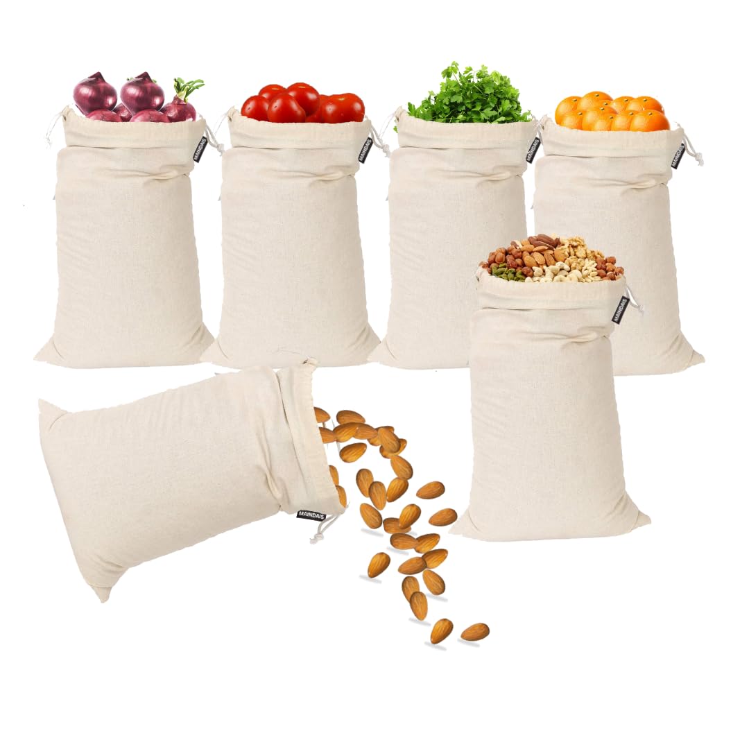 MAINDAIS Cotton Bag Double Drawstring Bags Muslin | Unbleached Organic Cotton | Fridge Vegetable Storage Bag Multipurpose Use | Pack Of 6 (11x14 Inches)-picture-17