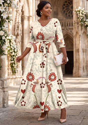 Image of Runwind Plus Size Wrap Dress for Women, Maxi A-Line Dresses with Belt | Versatile maxi for weddings church holiday parties, 3 /4 Sleeve V-neck with pcckets, soft stretchy fabric, 1X-6X