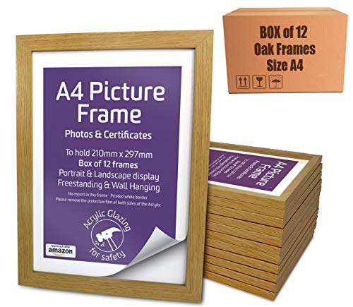 Marco de fotos tamaño A4, efecto roble, caja de 12 unidades, metacrilato frontal, marcos de fotos y certificados, de pie y para colgar en la pared, vertical y horizontal, 29,7 x 21 cm