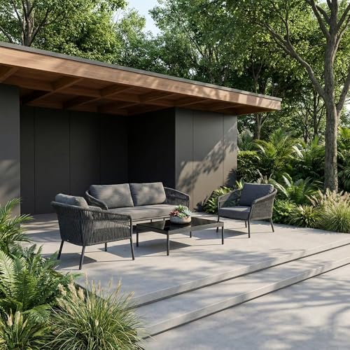 Image of Amazon Brand - Solimo Solix Outdoor Rope Sofa Set | Balcony Sofa | Patio Conversation Sets | Braided Rope Garden Sofa Set and Center Table (4 Seater- Dark Grey)
