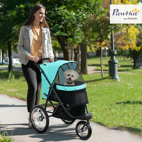PawHut Hundewagen Jogger Hundebuggy klappbar für kleine Hunde & Katzen bis 10 kg Katzenbuggy mit 3 große Gummiräder, Kissen Netzfenstern Aufbewahrungskorb Katzenwagen mit Sicherheitsleinen, Türkis