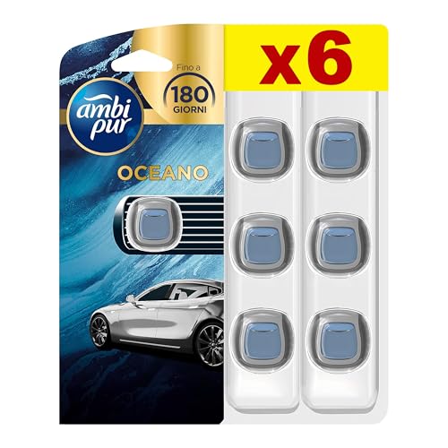 Ambi Pur Profumatore Auto, 6 Deodoranti Auto, Fragranza Oceano, Elimina Odori, Fino a 30 Giorni di Profumo per Deodorante, Facile da Agganciare