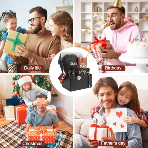 Image of Kolewo4ever 9-Piece Dad Gift Set: Brown Stainless Steel Tumbler, Socks, Cap, Keychain, Candle, Pen, Card, Opener; Modern Dad-Themed Gifts for Father, Husband, Grandfather