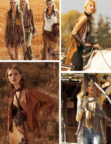 Beyove Women Faux Suede Vests With Fringe Vintage Cowgirl Tassels Sleeveless Halloween Hippie Vests Western Outfit #TOP3