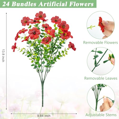 Image of Bassion 24 Bundles Artificial Flowers for Outdoors Fake Flowers, Red