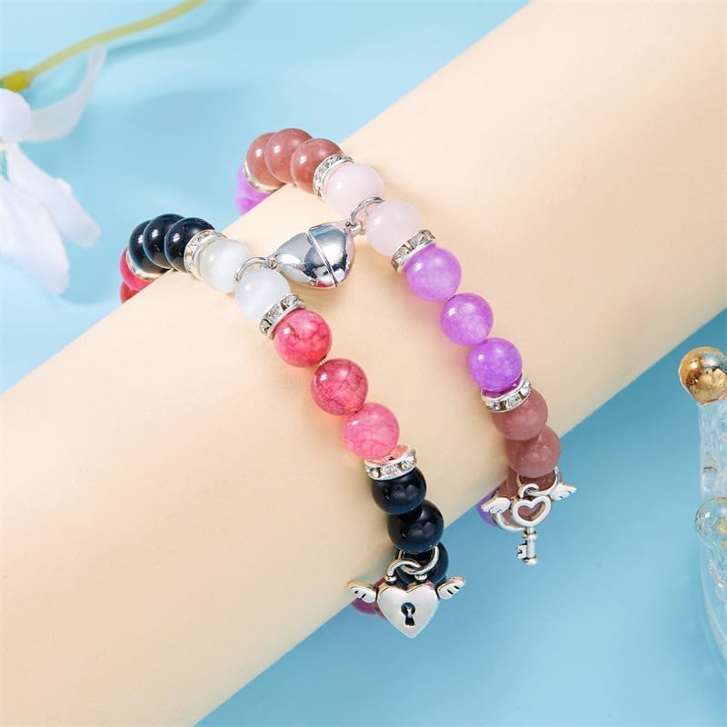 Caiyao Matching Couples Bracelets Friendship Bracelets Heart Stone Beads Lock Key Angel Wing Distance Promise Bracelet for Best Friends Bff Couples Valentine's Day - Image 4