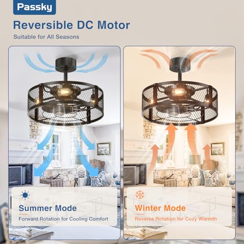Image of Passky 20 Inch Farmhouse Caged Ceiling Fans with Lights and Remote, Black Downrod Mount Bladeless Fandelier, 6 Speeds Bladeless Ceiling Fan Light for Bedroom, Kitchen, Living Room, Indoor
