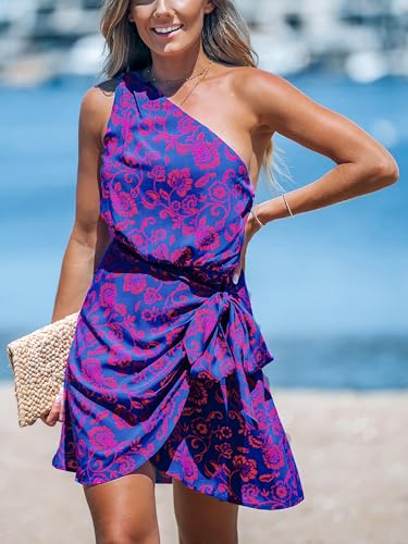 Image of CUPSHE Women's One Shoulder Leaf Print Self-tie Short Dress Sleeveless Tiered Hem Formal Dress Casual Mini Dress