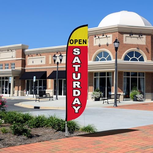 Image of LookOurWay Feather Flag Pole Kit - 12 Feet Tall Advertising Flag Banner with Fiberglass Pole Kit and Ground Spike for Business Promotion - Grand Opening Flags - Open Saturday (10M1200274)