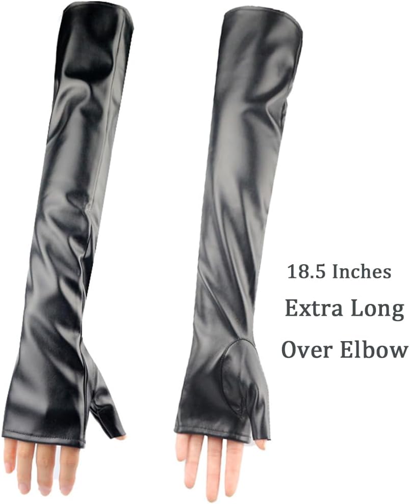 Luwint Long Fingerless Gloves, Faux Leather Women Elbow Length Sleeve for Dress Opera Party, Black (XS-M) - Image 4