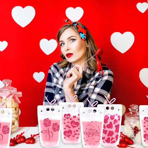 20 pitillos reutilizables de plástico rosa con corazones miniatura 3