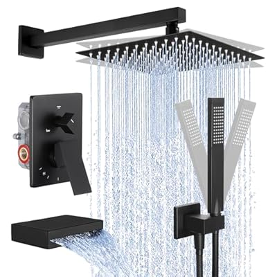 KES Shower System with Tub Spout, Matte Black Shower Faucet Set Complete 10 Inch Rain Shower Head with Handheld Spray and Waterfall Bathtub, cUPC Pressure Balance Shower Valve Trim Kit, XB6305F18-BK