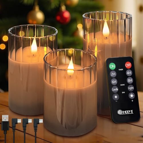 Image of LEDHOLYT Rechargeable Flameless Candle, Flashing LED Pillar Real Wax Candle with Remote Control and Timer, Grey Stripes Glass Electronic Candles for Room Decoration, 1 Set of 3
