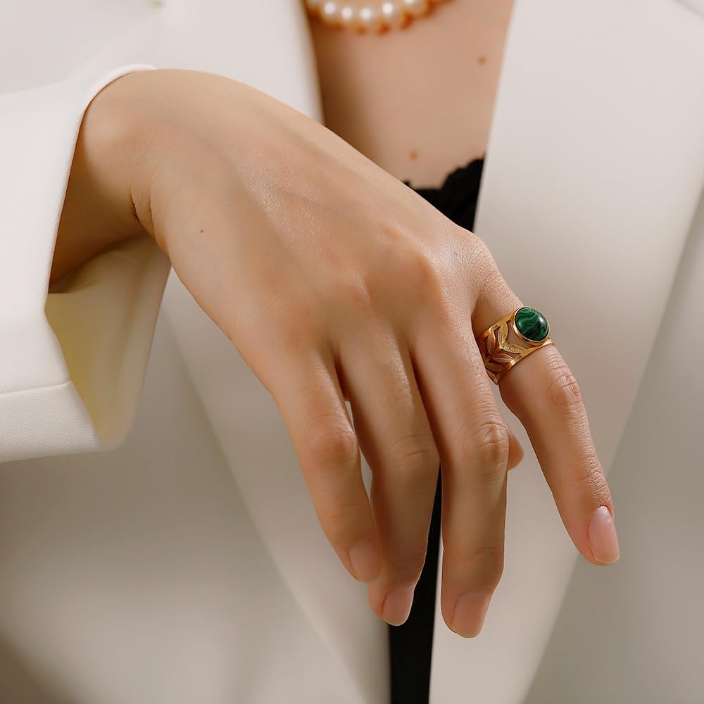 Western Malachite Statement Ring, Gold Plated Stainless Steel Green Gemstone Birthstones Adjustable Stackable Ring, Vintage Accessories Gifts for Women - Image 3