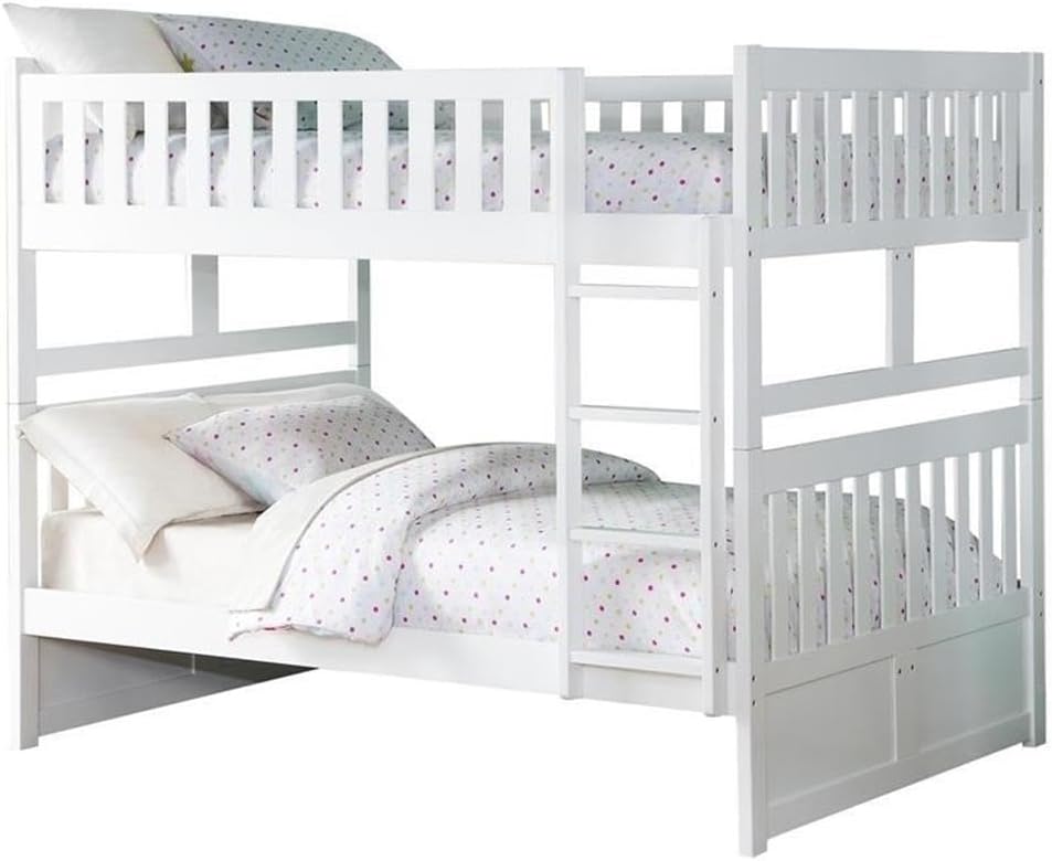 Pemberly Row Transitional Wood Full Over Full Bunk Bed with Trundle, White Finish, Sturdy Guard Rails, Ladder Access, Space-Saving Design, Youth Bedroom Furniture for Kids or Tweens, 65.5"H x 78"W x