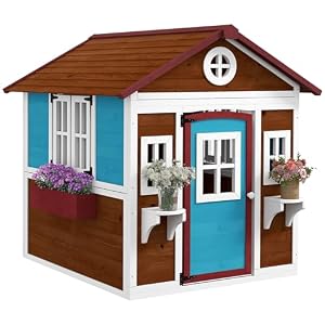 Outsunny Kinderspielhaus aus Holz Outdoor mit Fenster, Tür Dunkelbraun