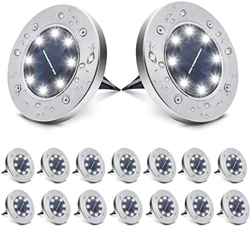 16 Pack Solar Ground Lights,8 LED Waterproof In-Ground Lights Solar Garden Lights Patio Disk Lights Solar Outdoor Landscape Lighting for Lawn, Patio, Pathway, Yard, Deck, Driveway,Walkway (White)