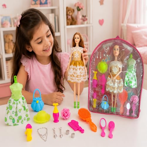 Image of SHAKTISM Doll Set for Girls with Makeup, Dress, Accessories, Wardrobe Closet, Hangers, Necklace, Multicolor, 3 Years and Up (Hello Sweety Doll (Bag)