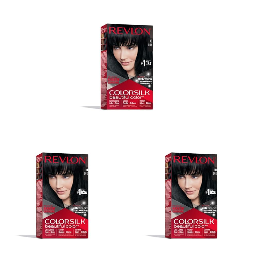 Revlon – Colorsilk Beautiful Color, Coloración Capilar Permanente, con Keratina y Aminoácidos, Color Intenso, Larga Duración, Sin Amoníaco, Resultado Natural, Tono 10 Negro (Paquete de 3)