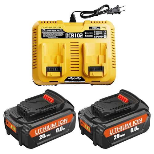 Nyveyoo 2 Pack 6Ah 20V MAX Lithium Ion Battery and Charger Replacement for Dewalt 20V Max Battery and Charger Combo, Compatible with Dewalt 12-20V Batteries and All 20 Volt Cordless Tools