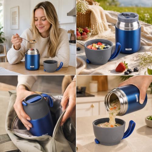 Image of Insulated Thermo Food Jar for Hot & Cold Food for Kids Adult, 17&24 oz Soup Thermal Hot Food Containers for Lunch, Triple Layer Insulation Stainless Steel Food Jar with Spoon (2 Pack Blue)