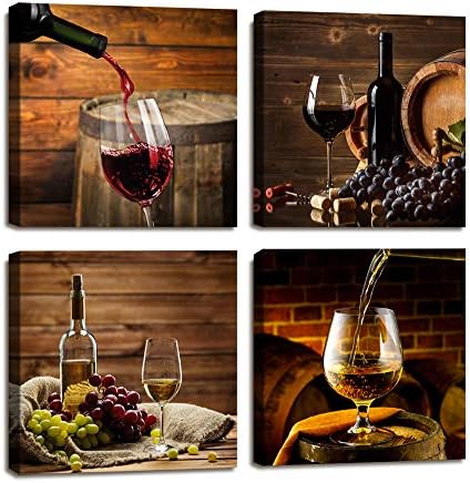 Red Wine Cups HD Modern 4 Panels Framed Wall Art Abstract Giclee Canvas Prints Artwork Contemporary Vintage Pictures Paintings on Canvas Wall Art for Kitchen Home Decorations
