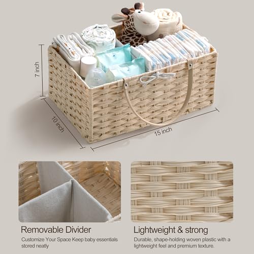 Image of HBlife Large Diaper Caddy Organizer, Washable Waterproof, Portable Plastic Wicker Woven Basket with Divider, Nursery Diaper Station, Baby Shower Gifts Basket & Car Organizer